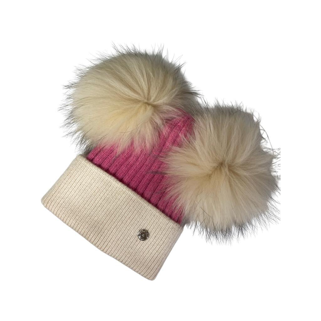 Two Tone Pink and Cream Adult Double PomPom Hat