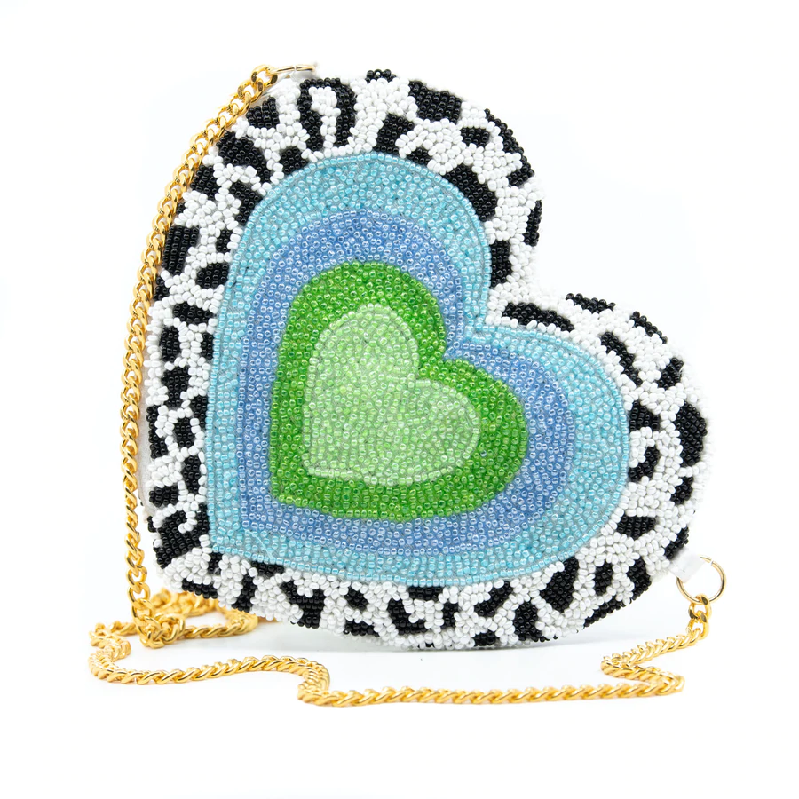 Hand Beaded Blue and Green Heart Mini Cross Body Bag
