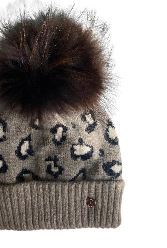 Adult Leopard Single Pom Pom Hat Taupe and Cream